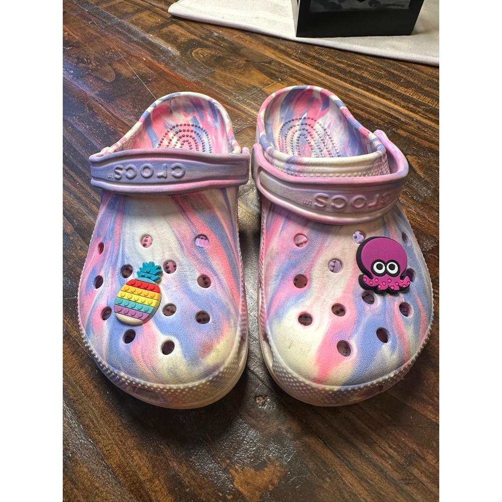 Crocs Classic Clog Kids J3 Pink Purple Blue Marble Swirl Clogs w/Jibbitz Junior